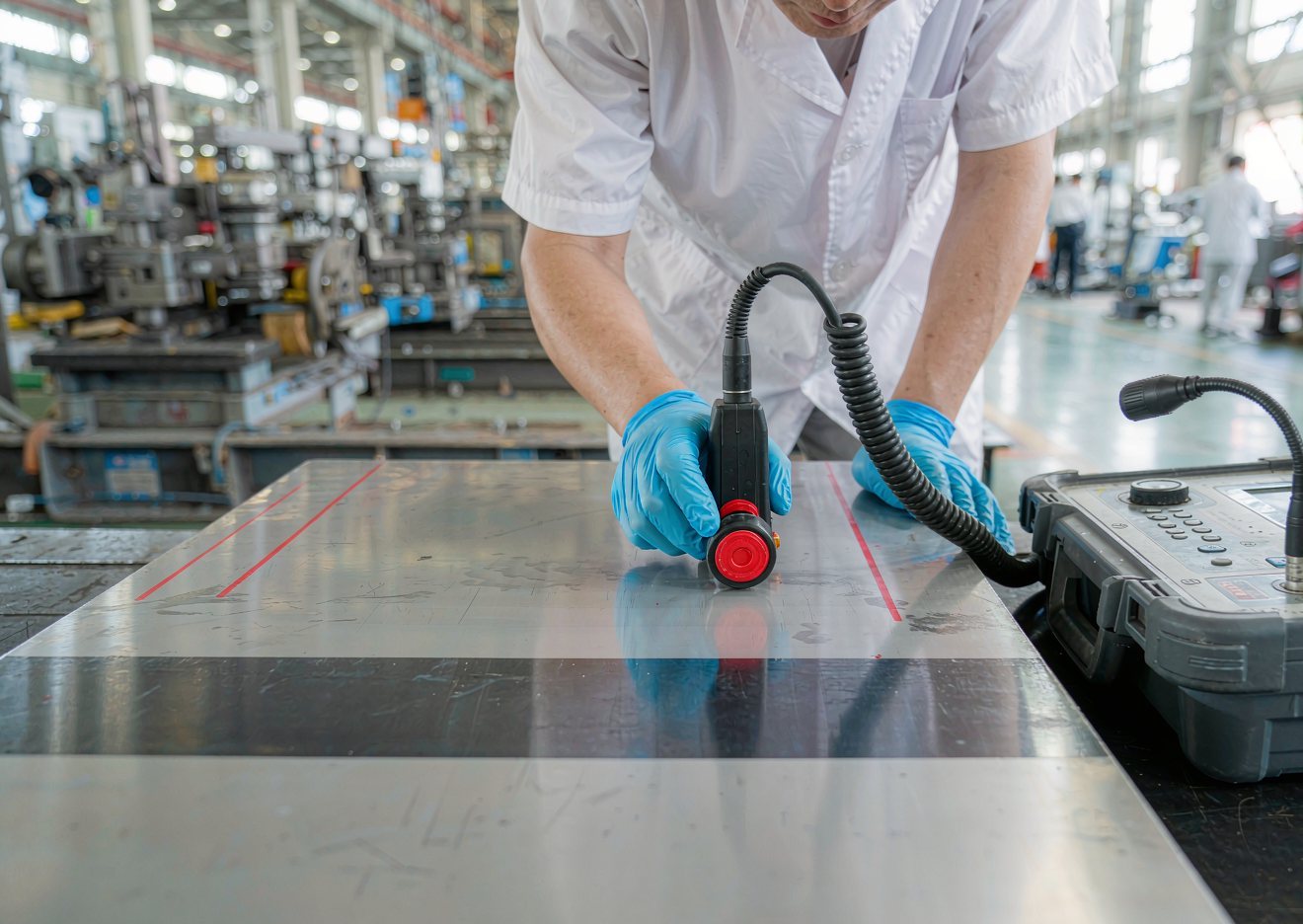 Technician performing ultrasonic bond testing on a clad plate
